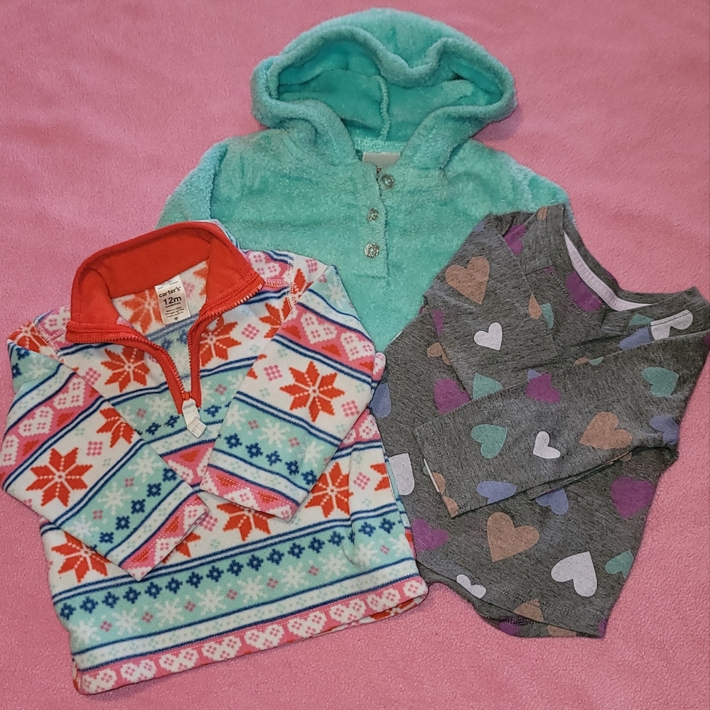12 Month Baby Girl Fleece Sweater 3 Piece Bundle/Lot! Carter's Grey/Mint/Red